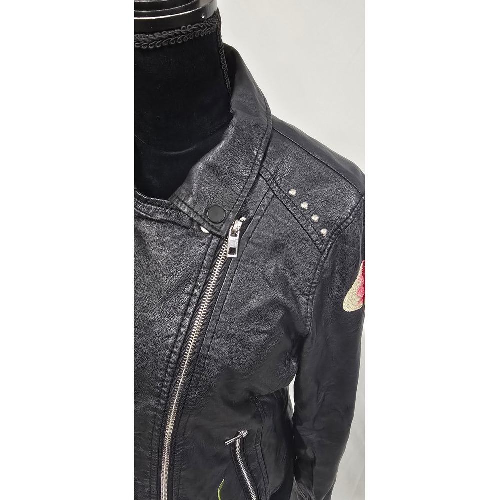 Ci Sono women L black faux leather moto jacket floral embroidery grunge gothic - Picture 7 of 15
